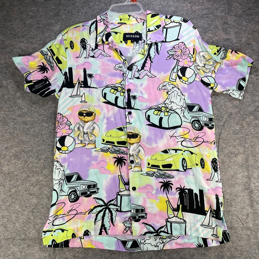Reason Hawaiian Shirt Mens Large Luxury Rick Ross Beach Lambo Bling Miami Loud